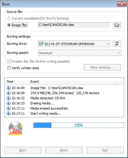 Burn a BIN or NRG Image to Disc — example PowerISO interface screenshot
