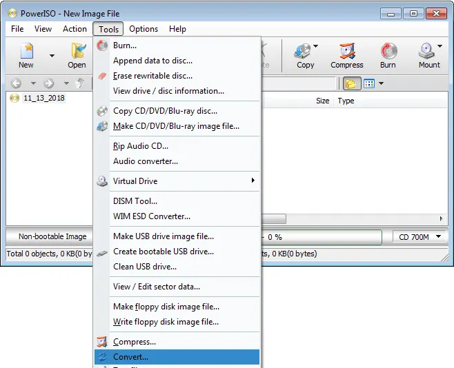 Convert BIN/CUE to ISO — example PowerISO interface screenshot