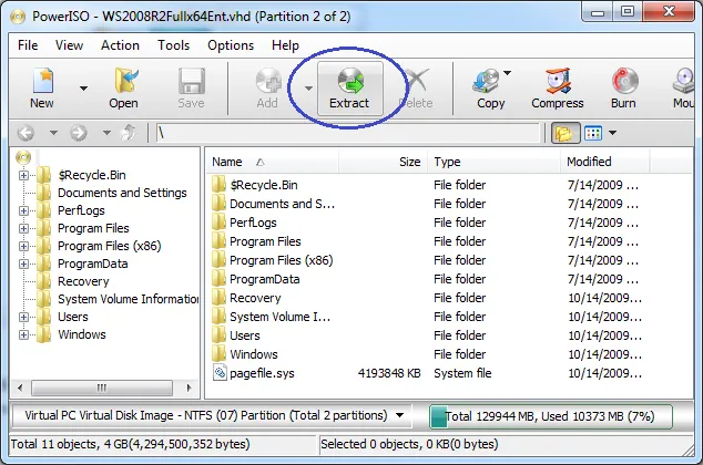 Open Microsoft VHD or VHDX Images — example PowerISO interface screenshot